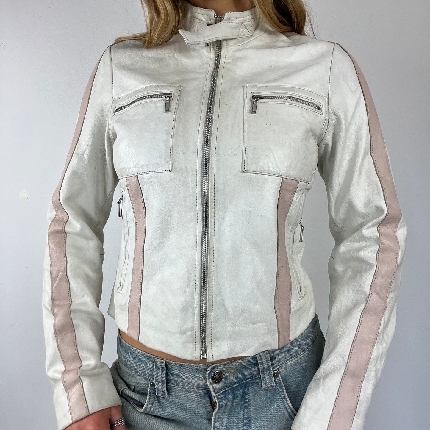 90s vintage white pink real leather racing jacket - Size S/M