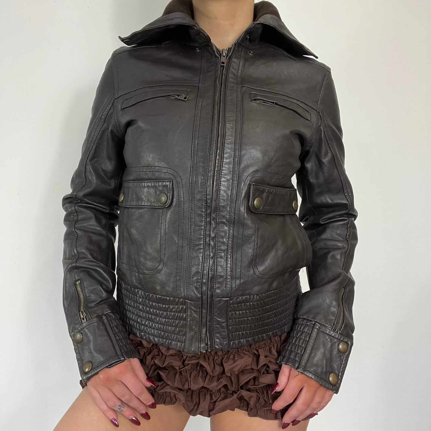 90s dark brown cargo style leather jacket - Size S/M