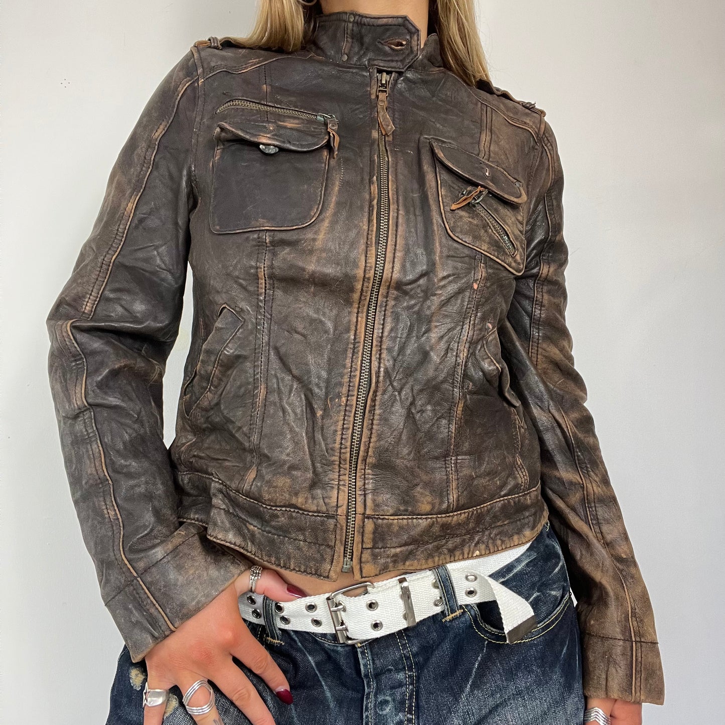 90s real leather distressed jacket - Size S/M