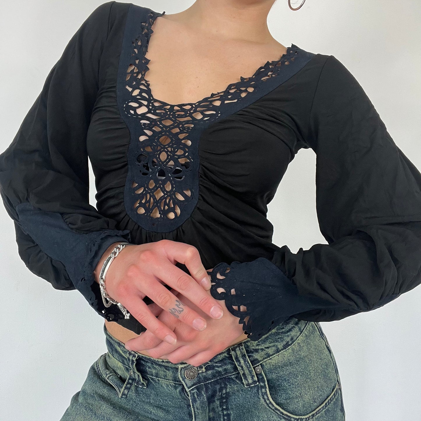 90s long sleeve crochet top - Size S