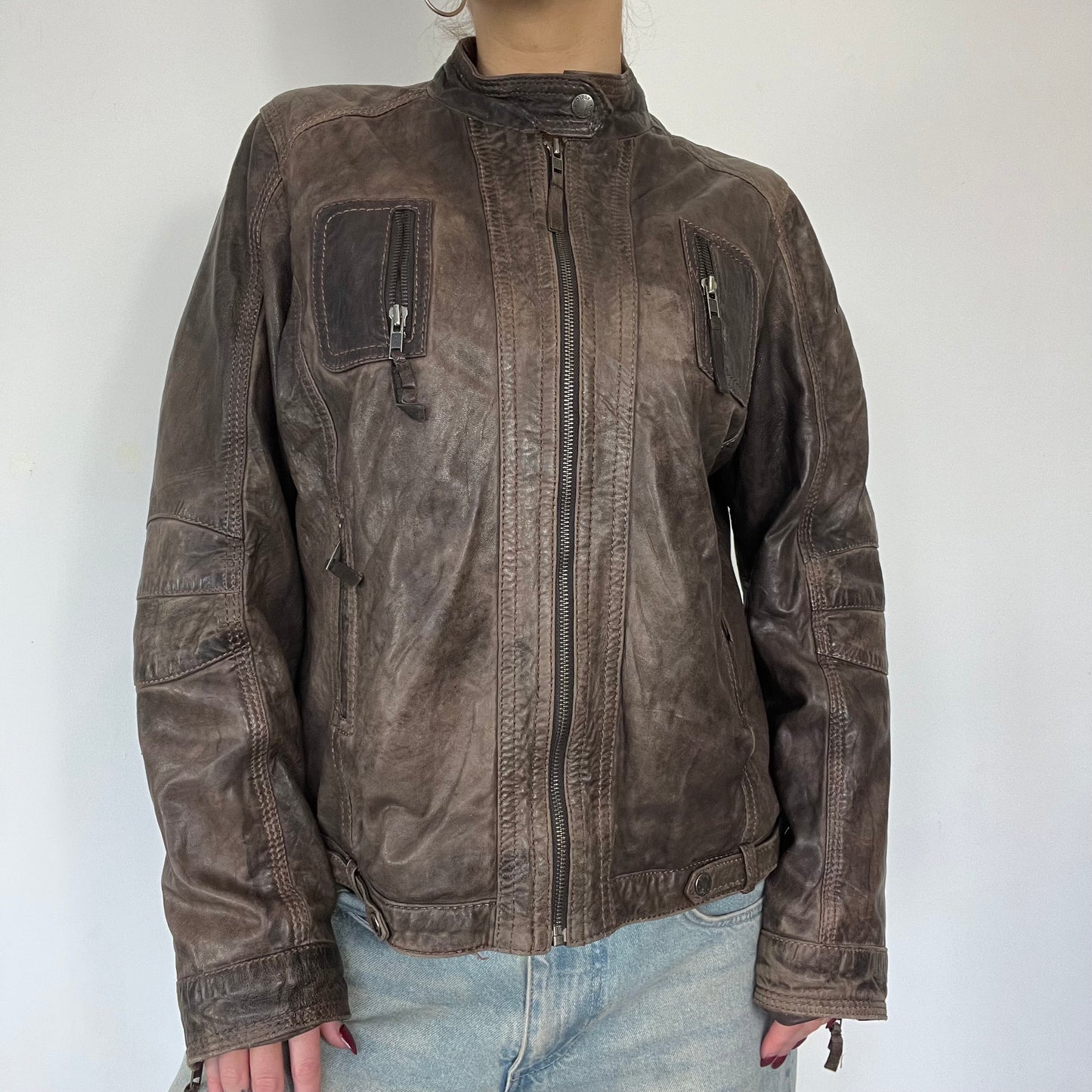 90s brown distressed zipper leather jacket - Size L