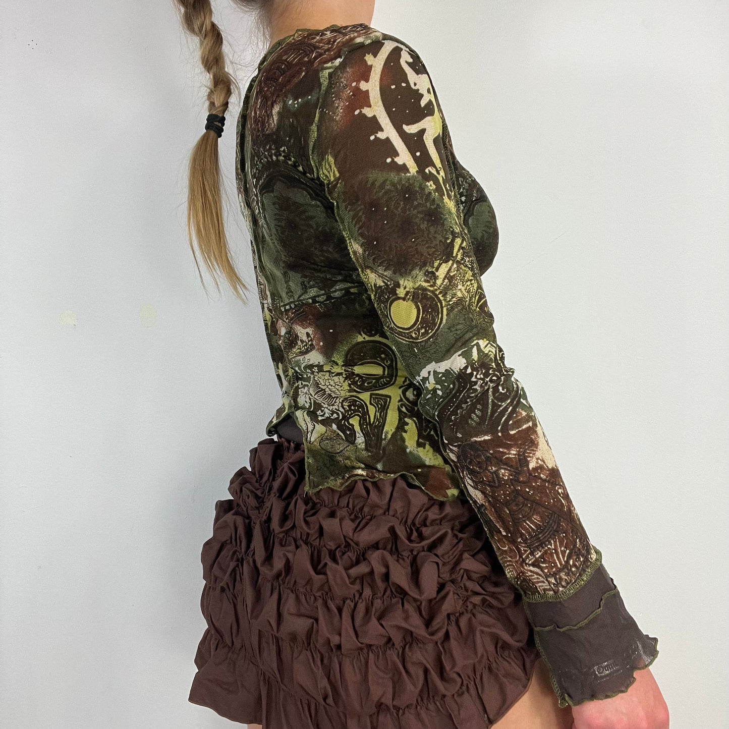 00s graphic print green mesh top - Size S