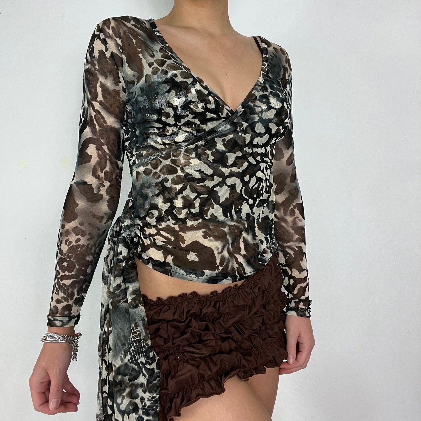 00s vintage leopard mesh wrap top - Size S