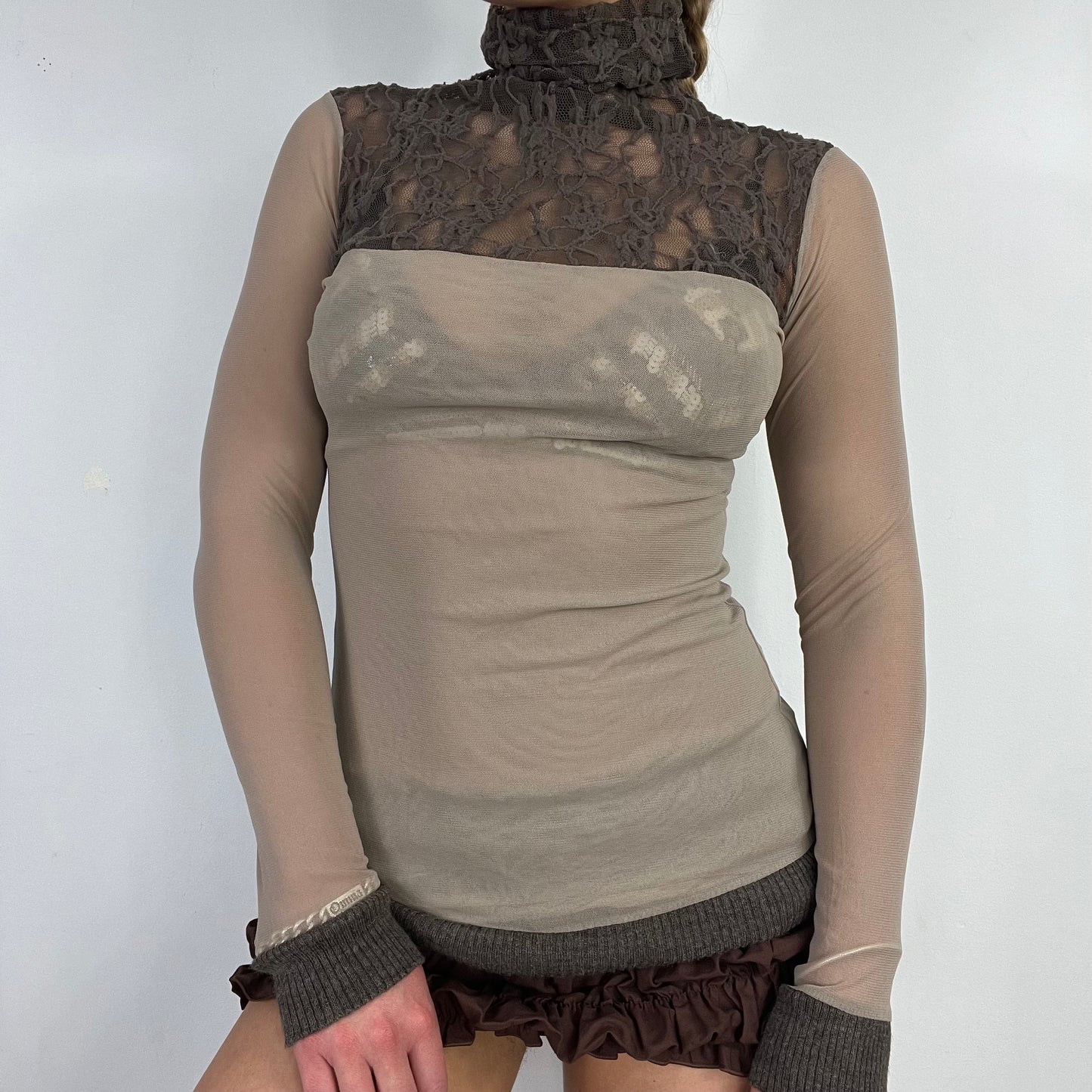 00s lace mesh long sleeve turtle neck top - Size s