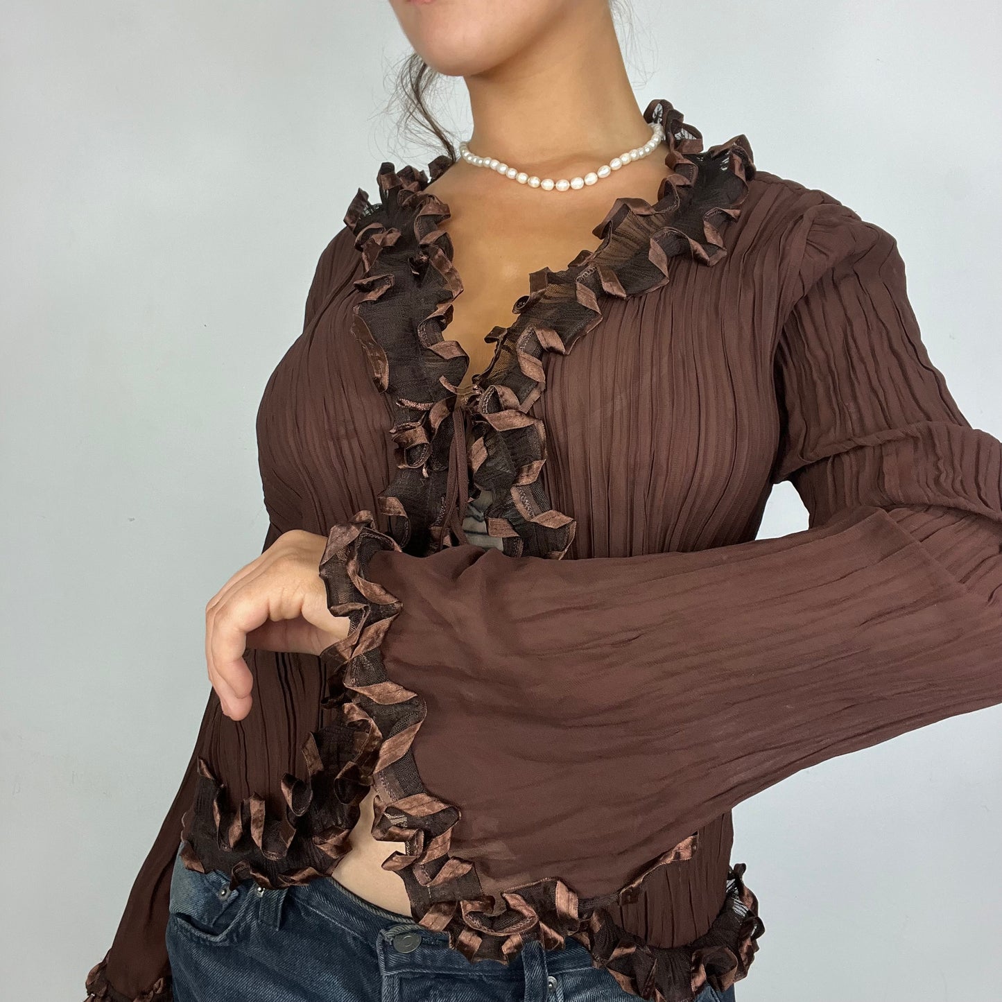 Brown Mesh Lettuce Hem Tie Up Flare Top (S)