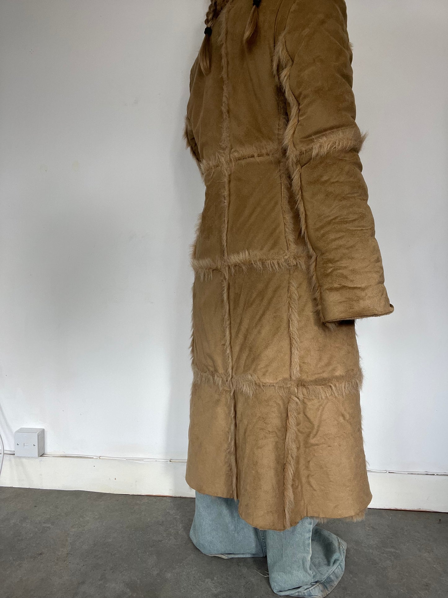 Fur trim beige longline afghan coat - Size M/L