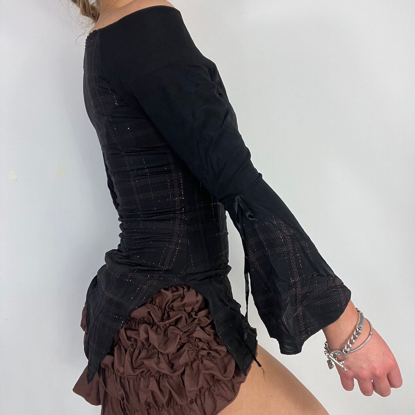 90s black tartan flared sleeve top - Size S