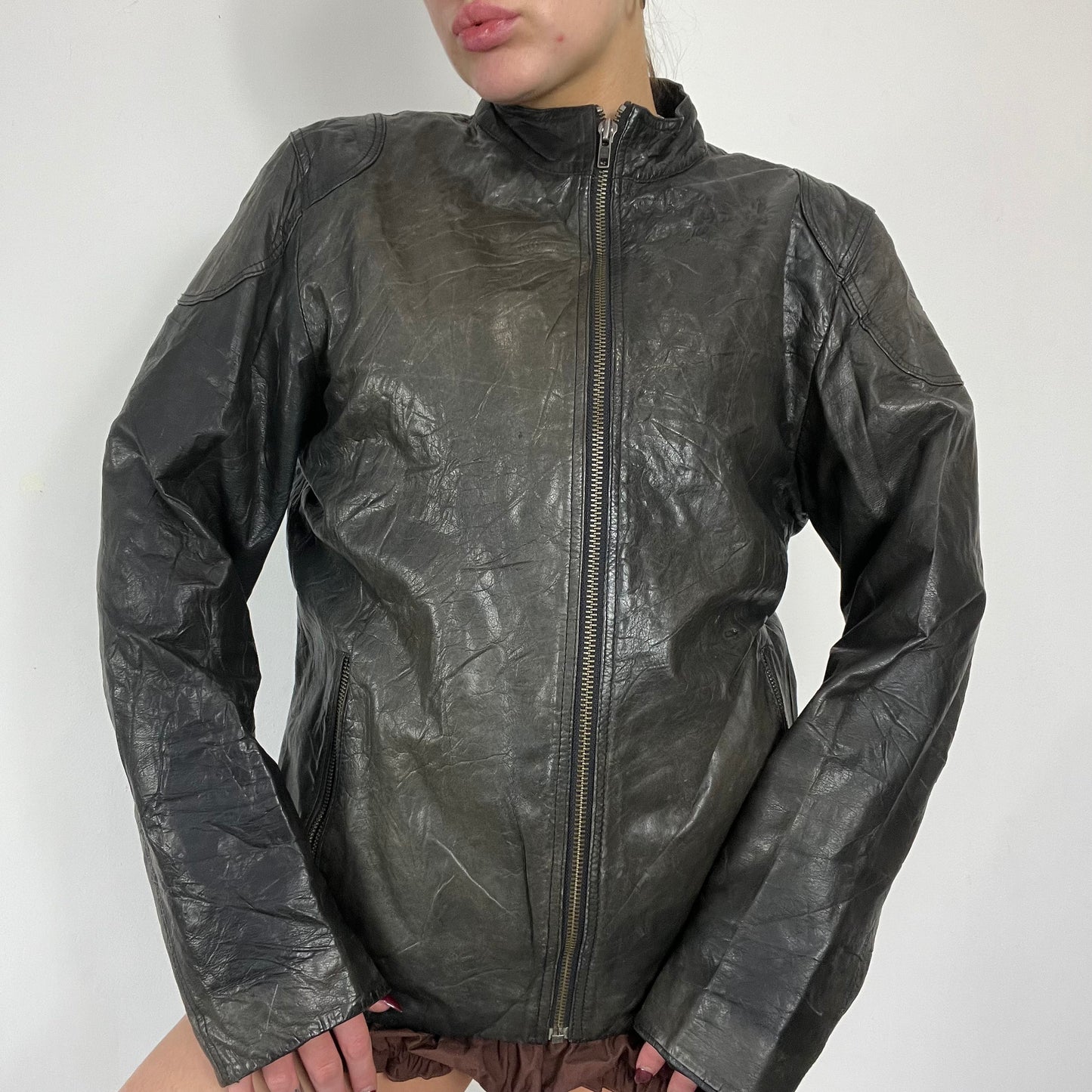 90s black washed leather jacket - Size M