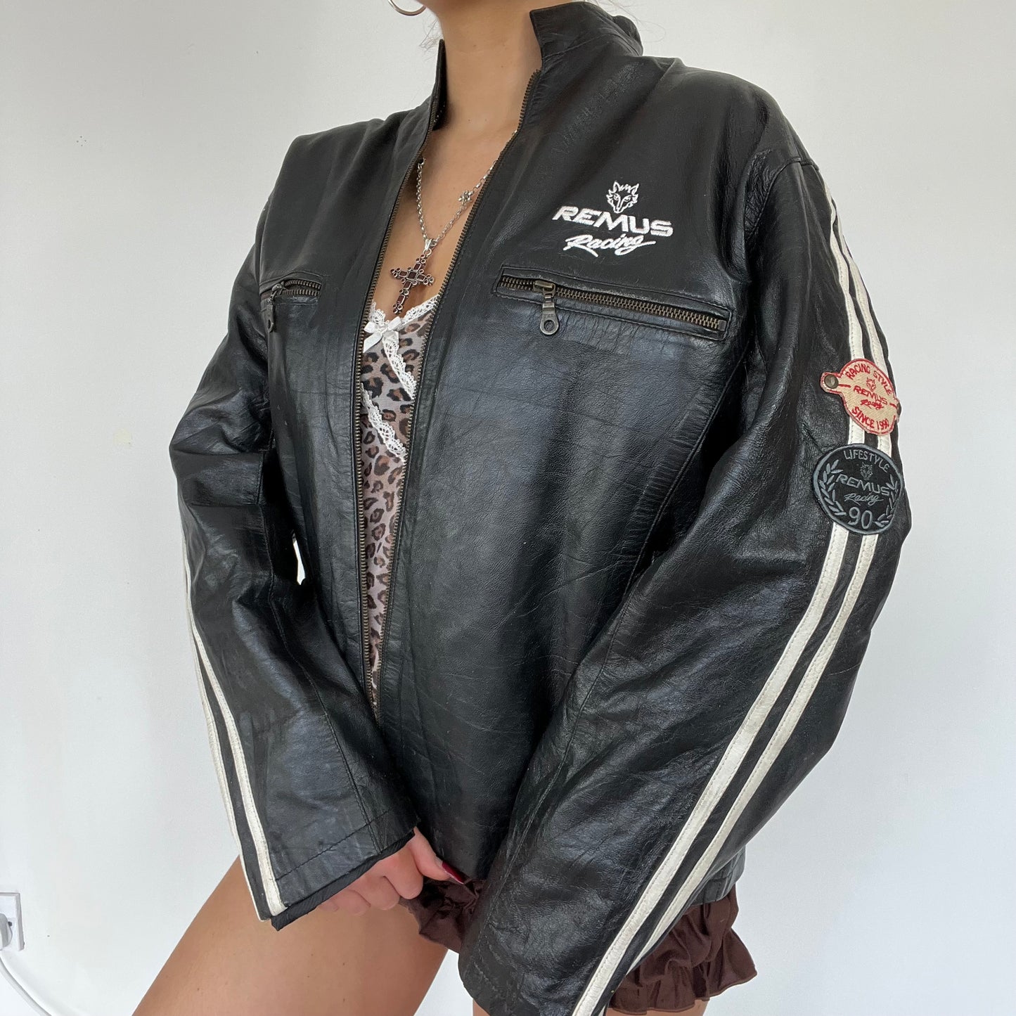 90s biker motorcycle leather jacket - Size L