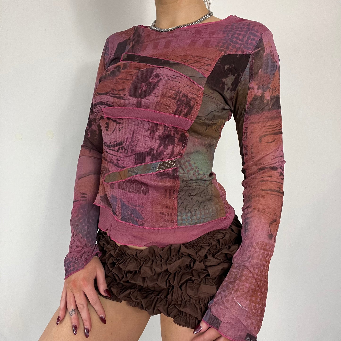 90s Cache Cache mesh graphic long sleeve top - Size S/M