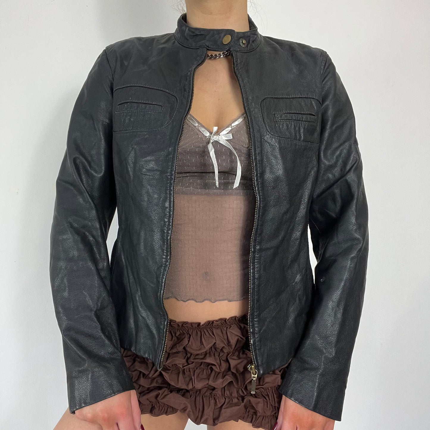 90s black leather moto jacket - Size M