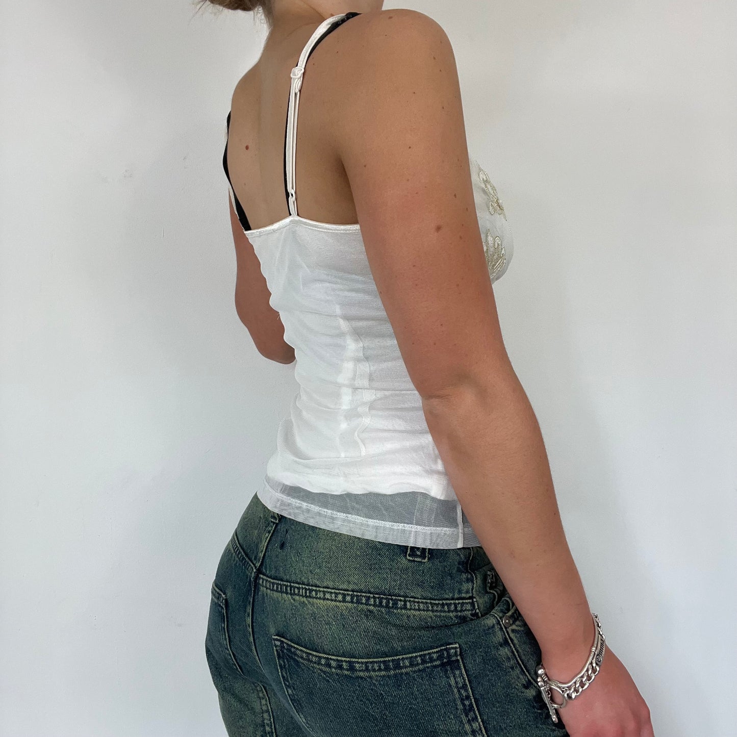 Y2K white cami embroidered top - Size S