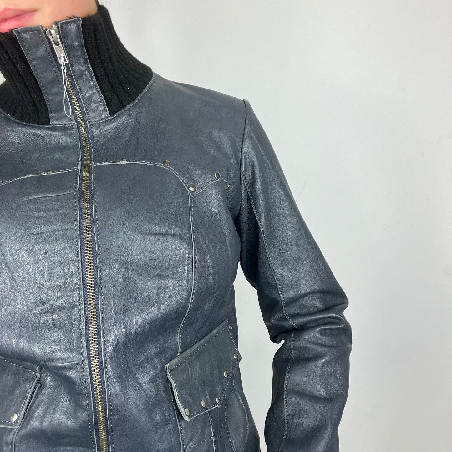Y2K High Neck Leather Jacket