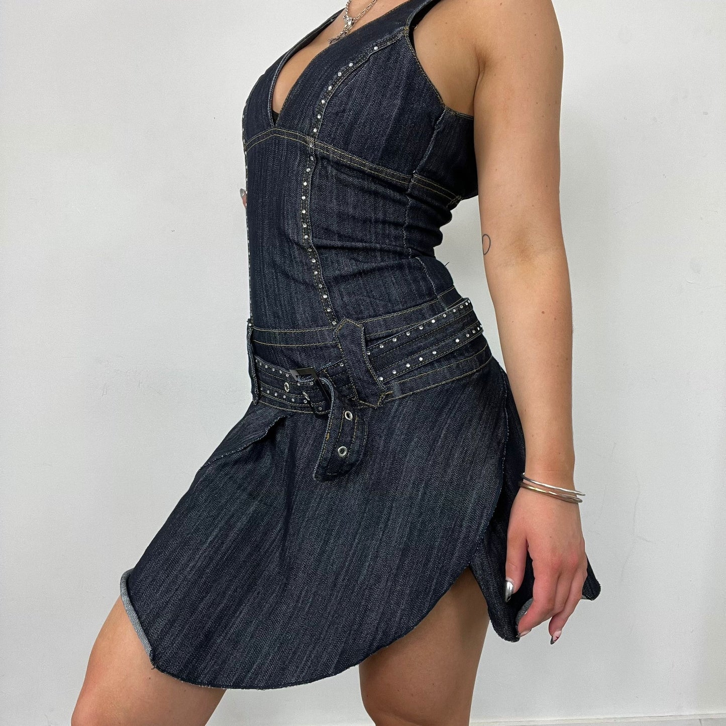 Denim V Neck Diamonte Belted Dress (XS)