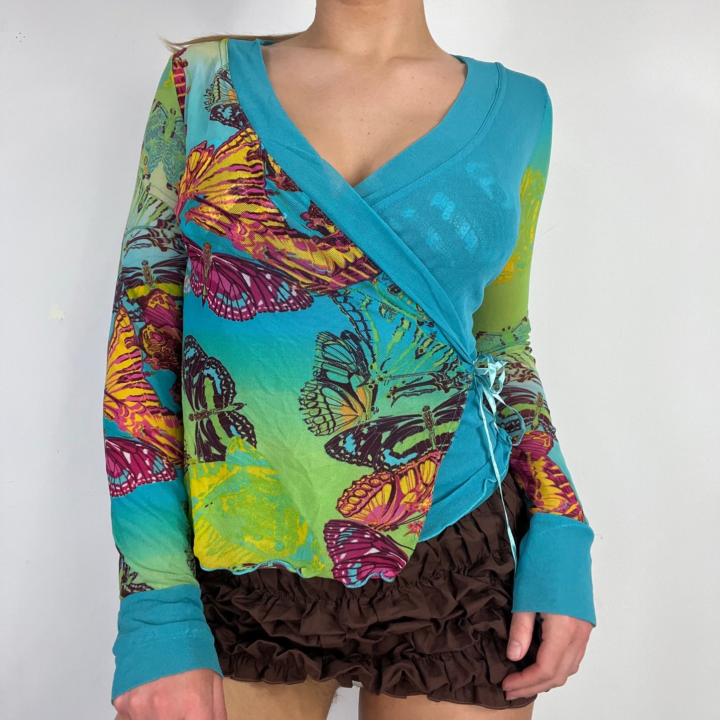 00s blue graphic print wrap print mesh top - Size S
