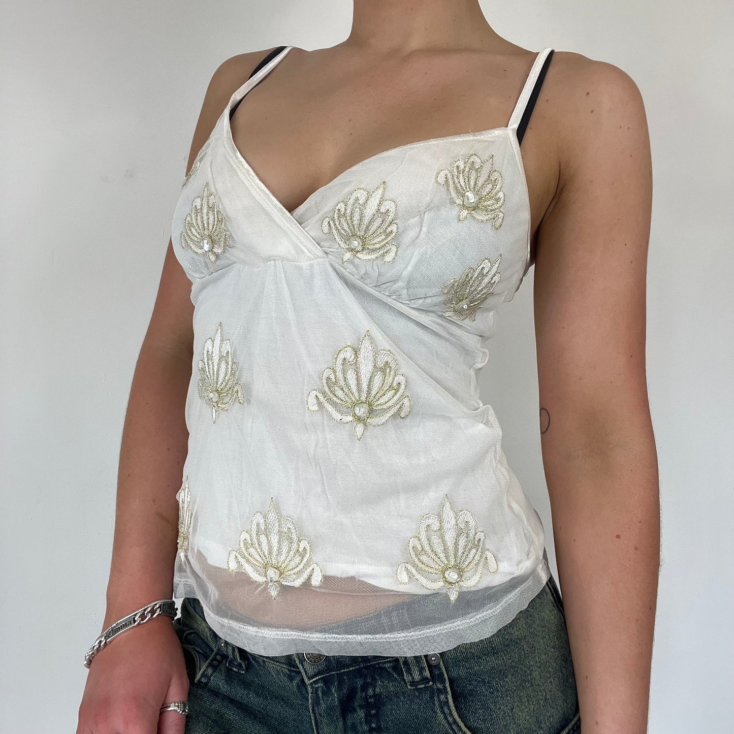 Y2K white cami embroidered top - Size S