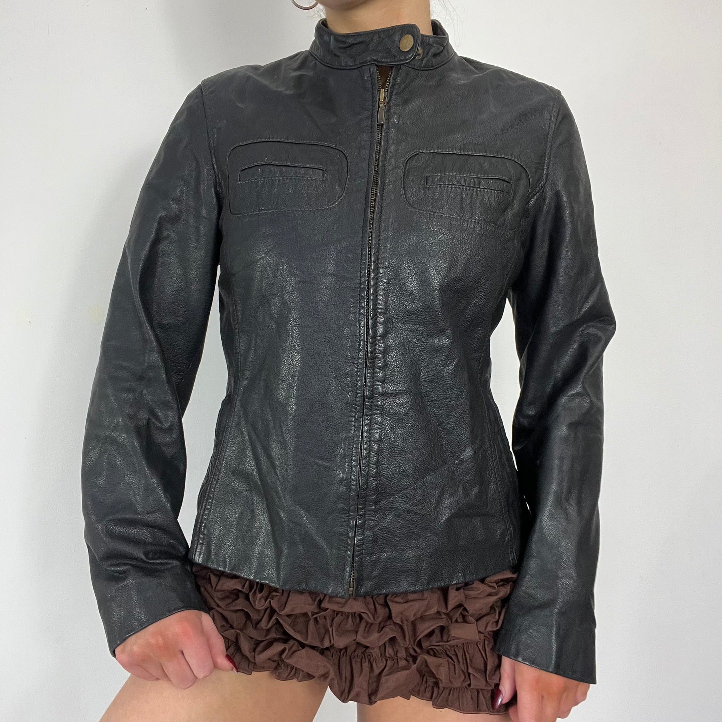 90s black leather moto jacket - Size M