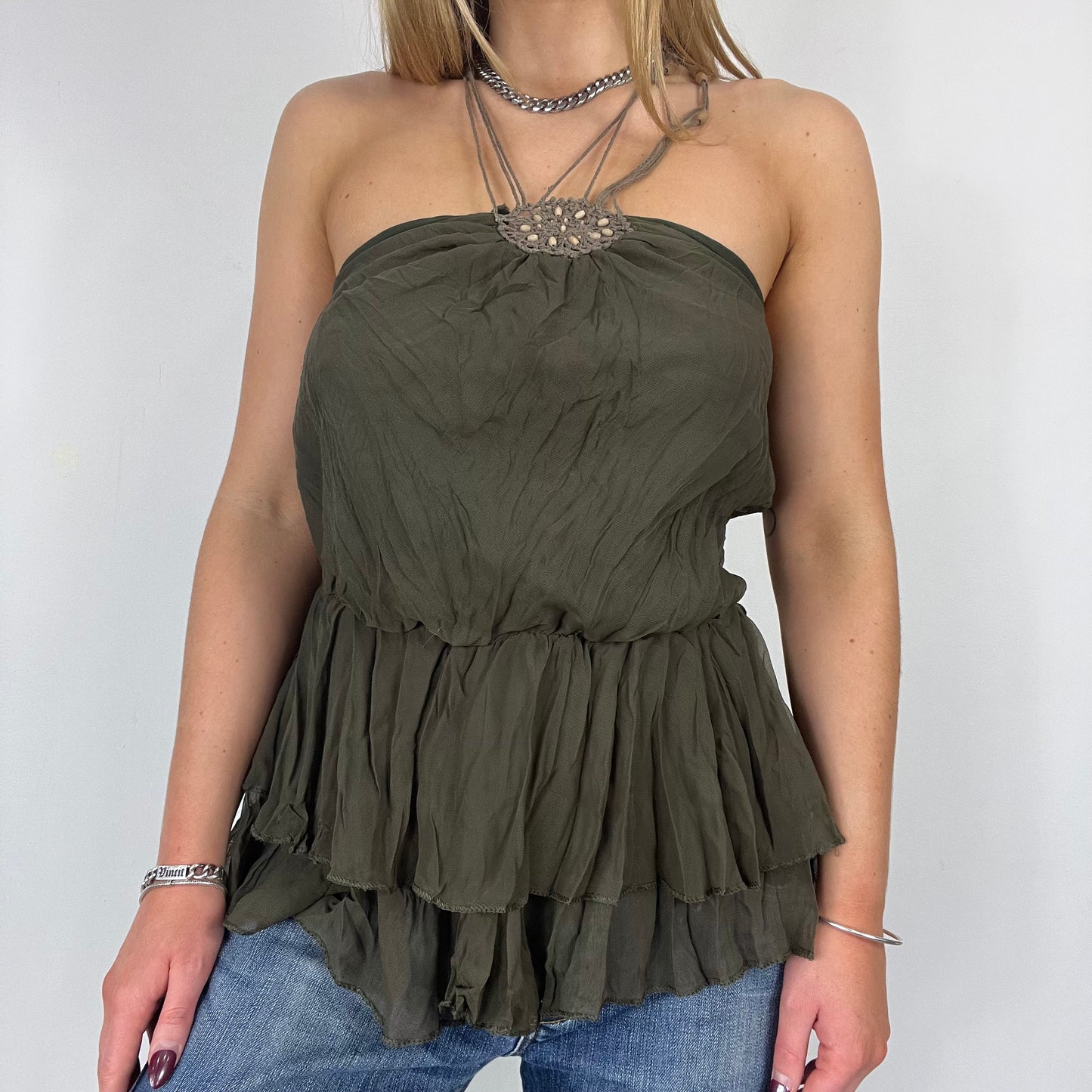 90s green ruffle halter neck top - size S/M