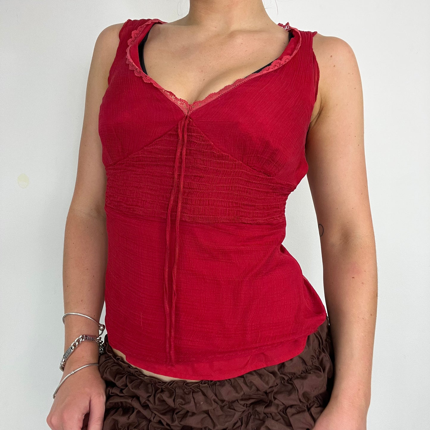 90s Vintage Crinkle Lace Trim Shirred Cami Top – Size S