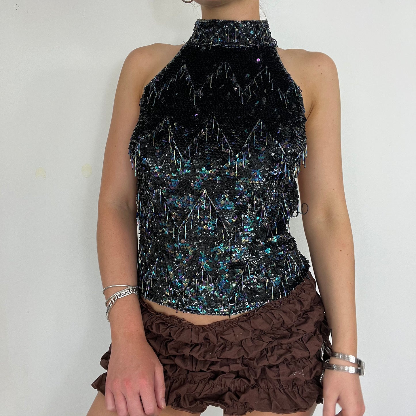 90s vintage sequin backless halter top - Size S