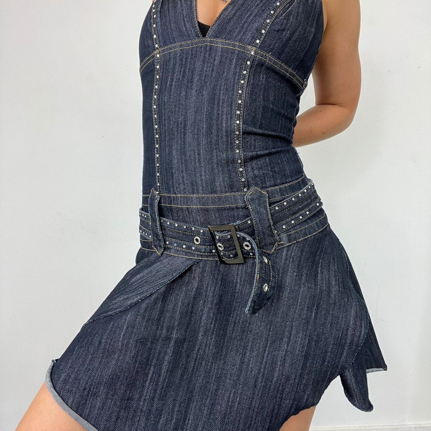 Denim V Neck Diamonte Belted Dress (XS)