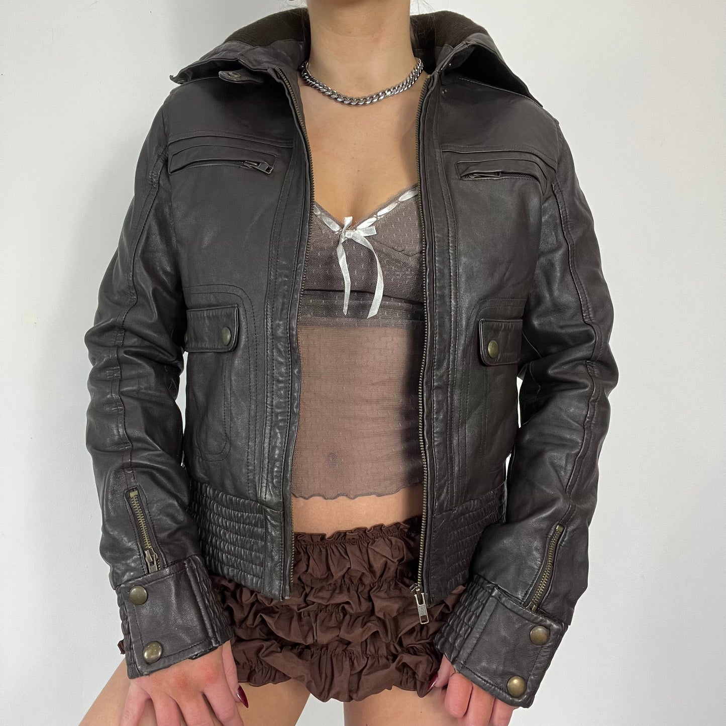 90s dark brown cargo style leather jacket - Size S/M