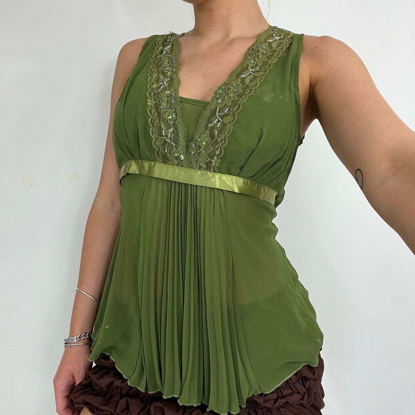 fairycore top, green embellished cami, Y2K chiffon top, coquette style, festival fashion, sheer pleated top, vintage-inspired beaded cami, summer going-out top