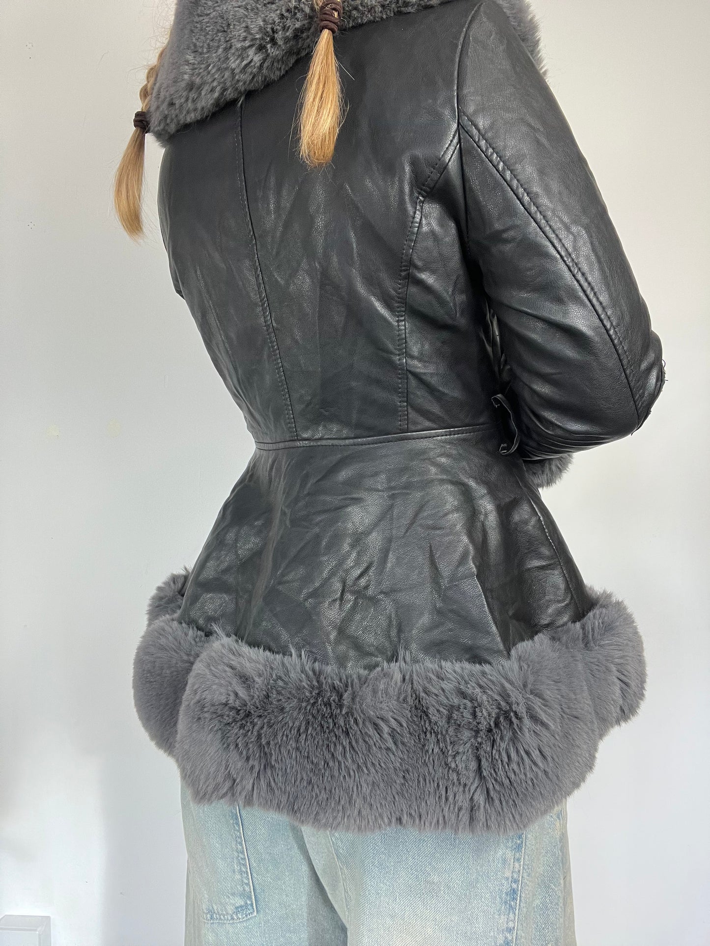 Y2K Afghan Fur Trim Leather Jacket - Size S