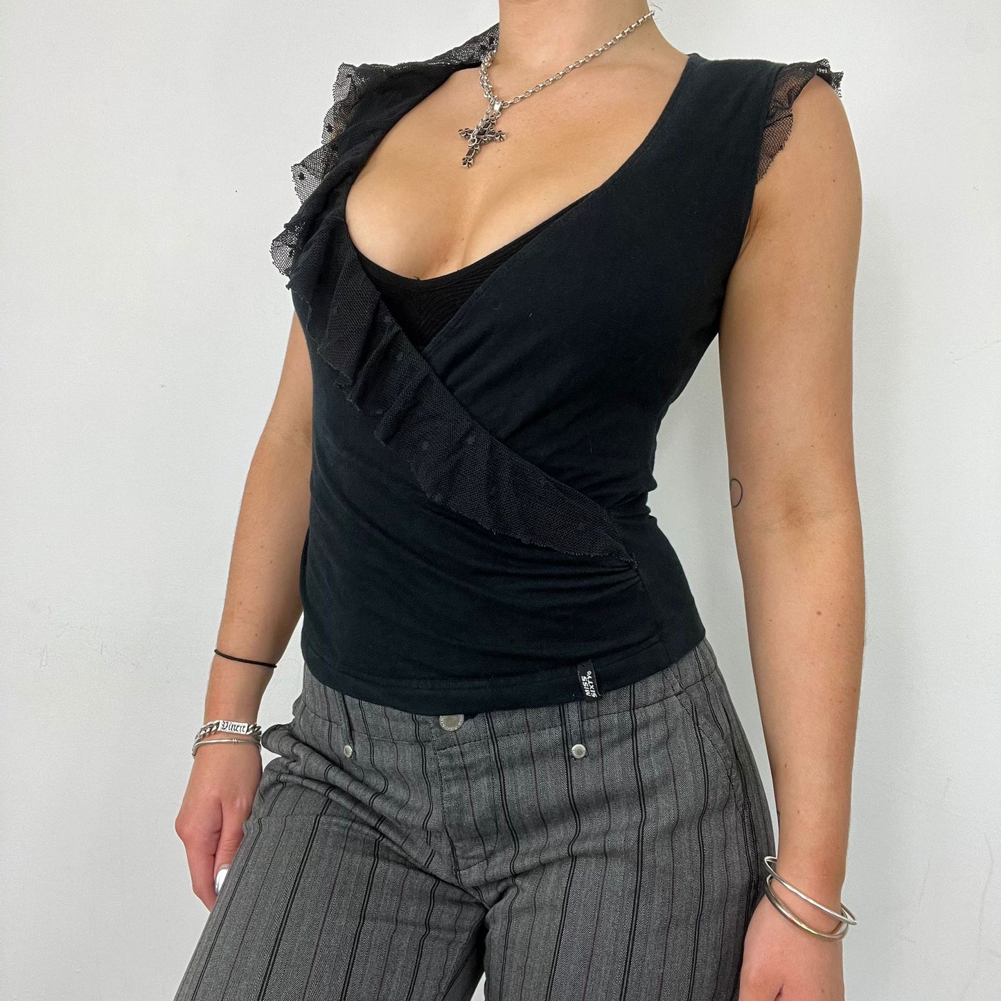 Miss Sixty Black Lace Ruffle V Neck Vest (M)