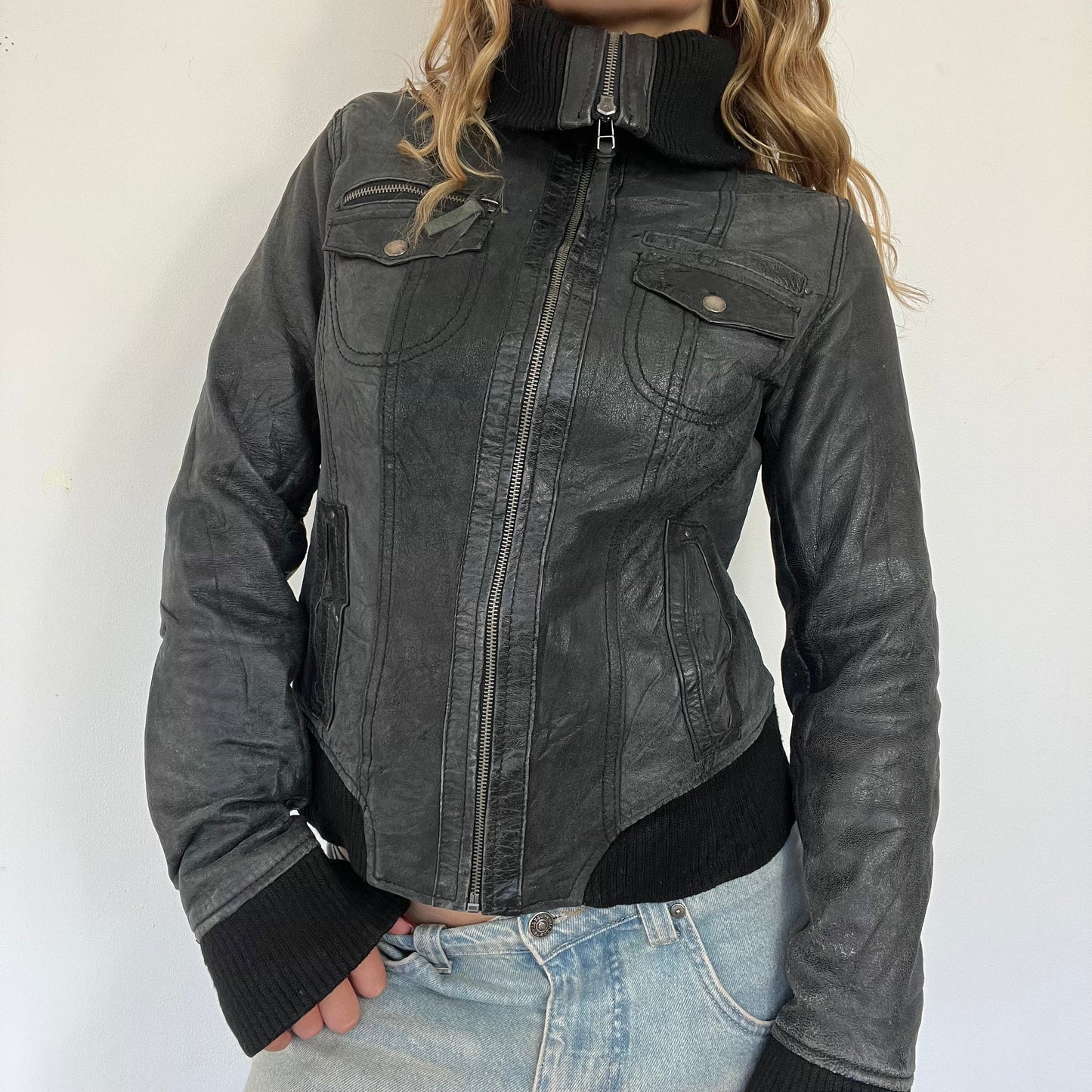 90s leather bomber jacket - Size S