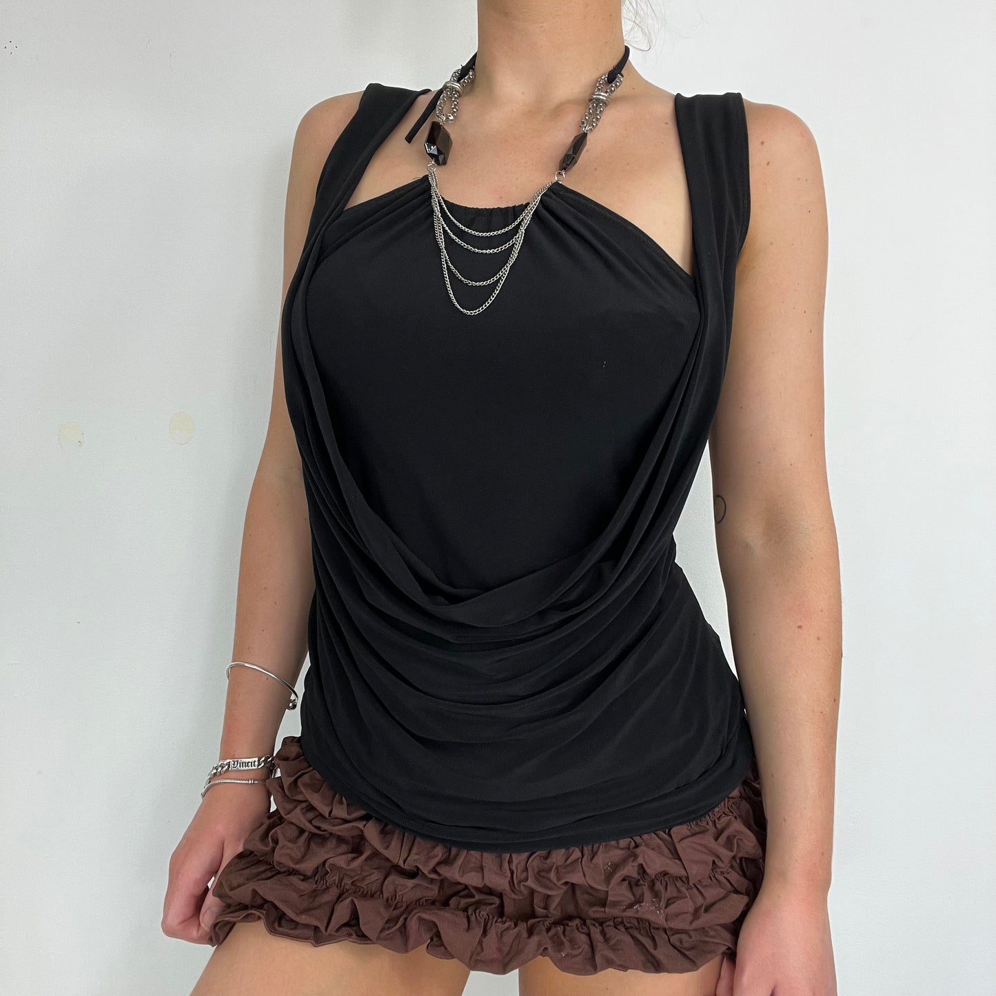 Y2K black halter top, cowl neck top, 2000s clubwear, going out top, jet black draped top, rave top, stretchy halter cami, alt girl outfit, vintage inspired top