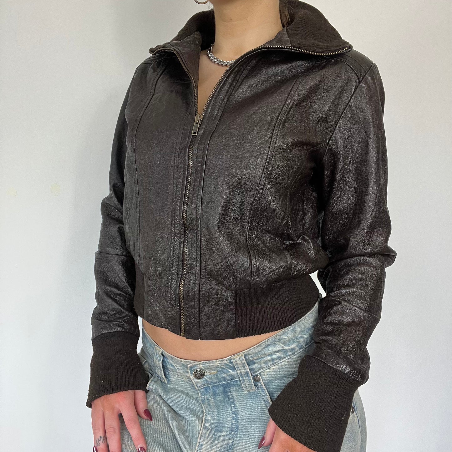 90s brown real leather bomber jacket - Size S