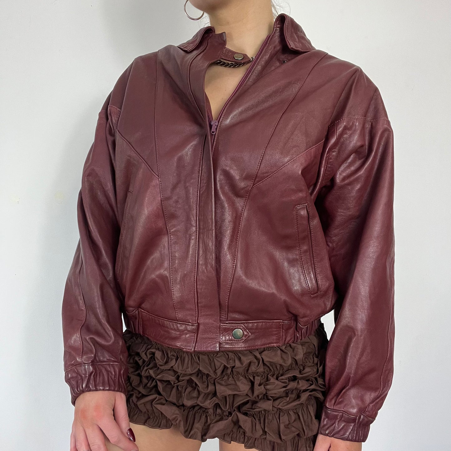 90s burgundy real leather bomber jacket - Size M