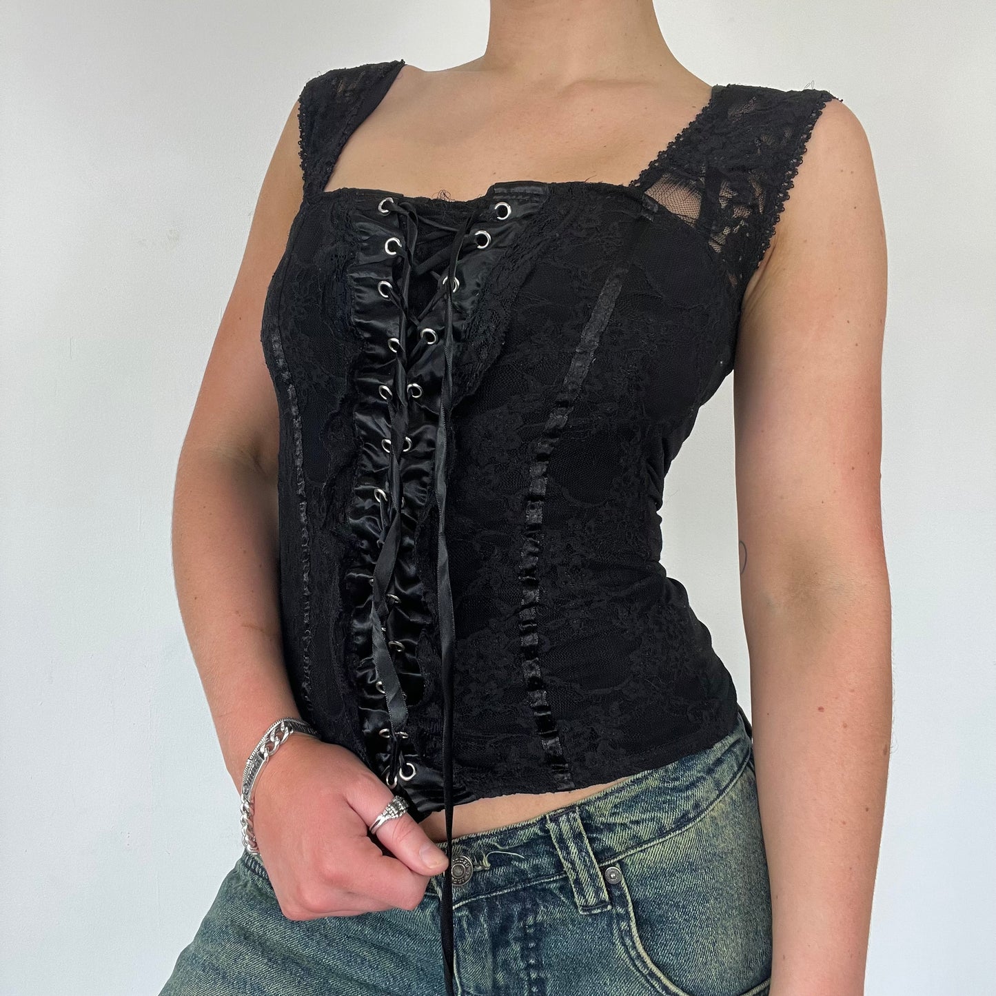 90s lace cami top lace up corset top - Size S