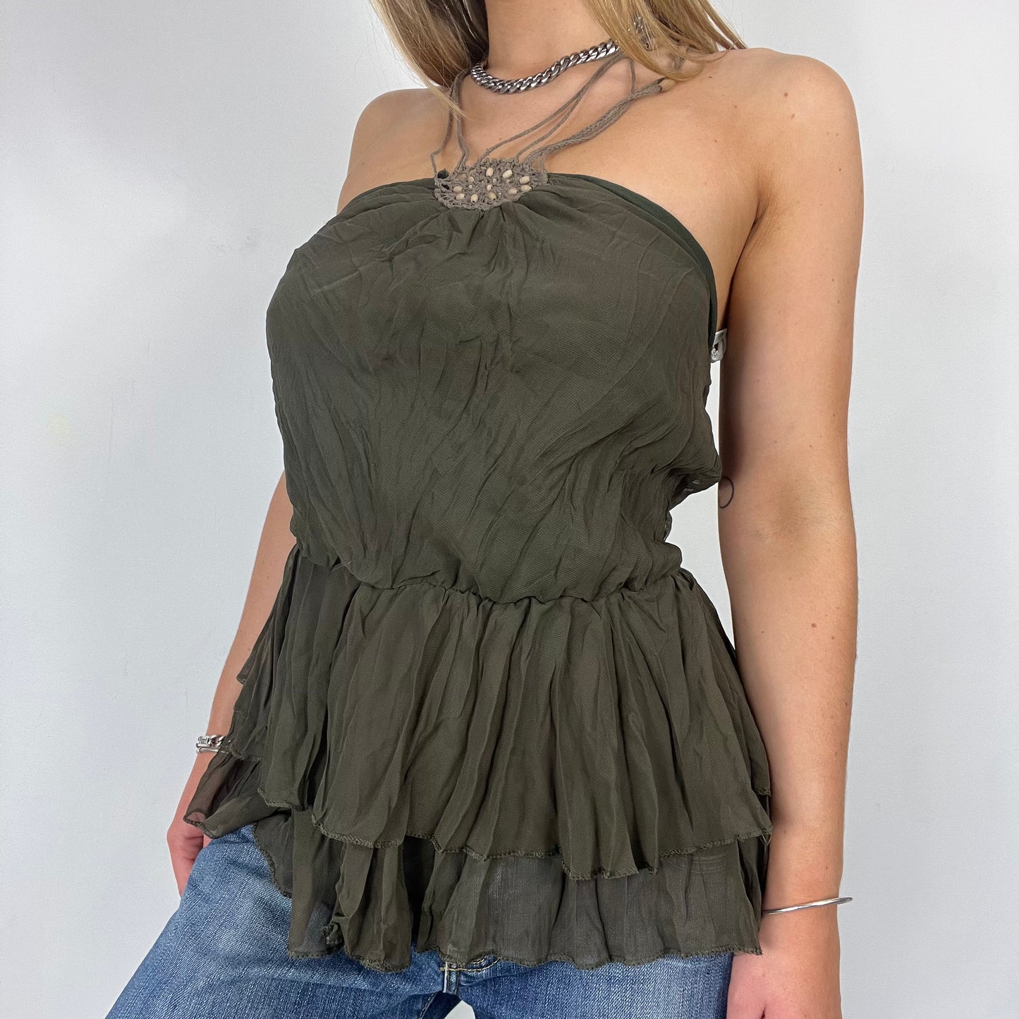 90s green ruffle halter neck top - size S/M