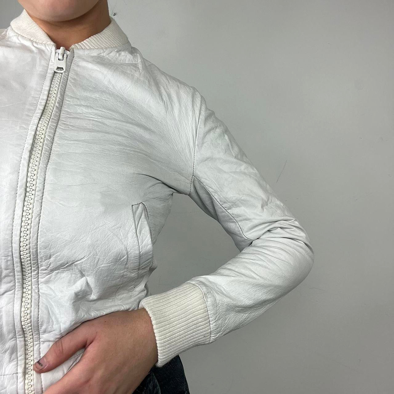 00a white leather bomber jacket