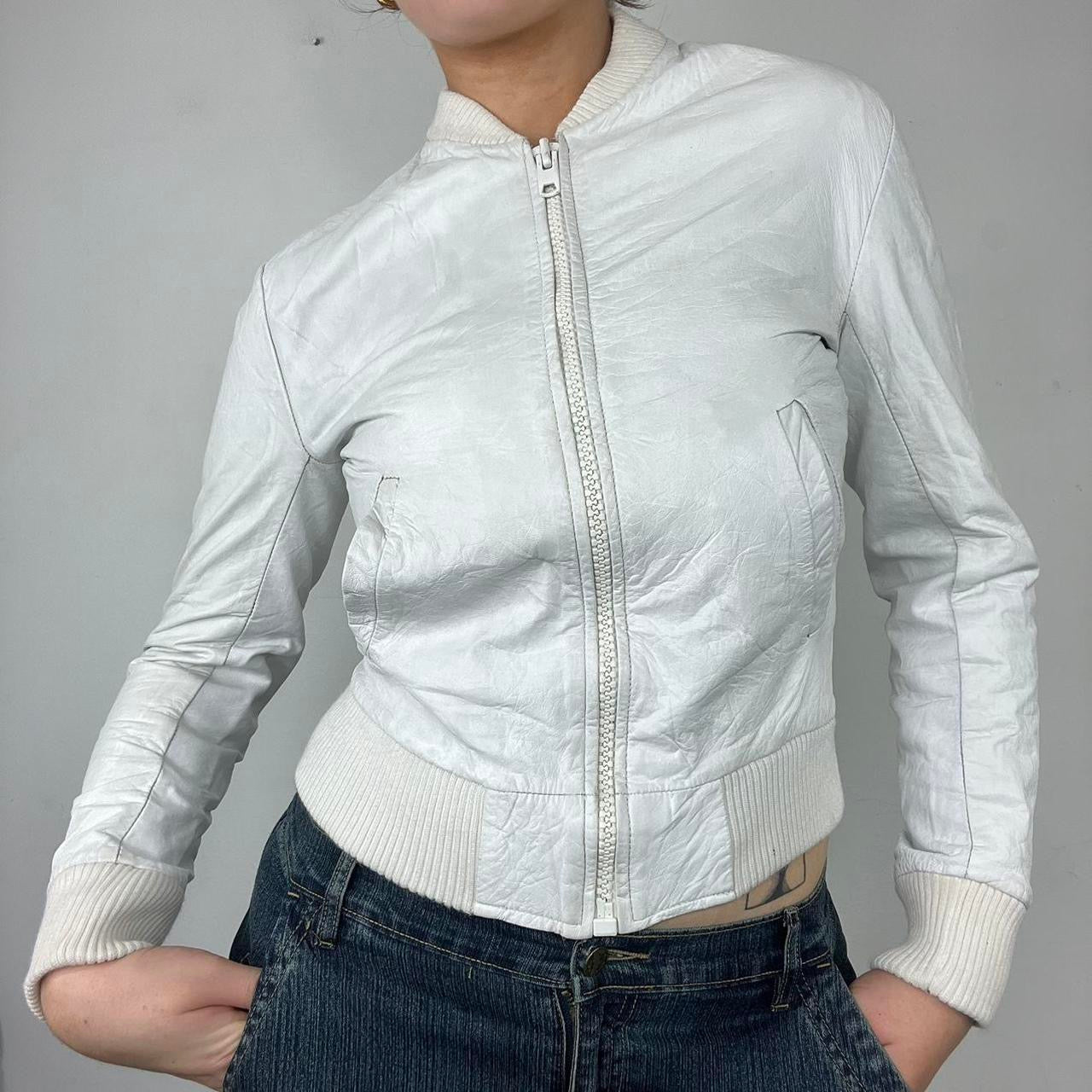 00a white leather bomber jacket