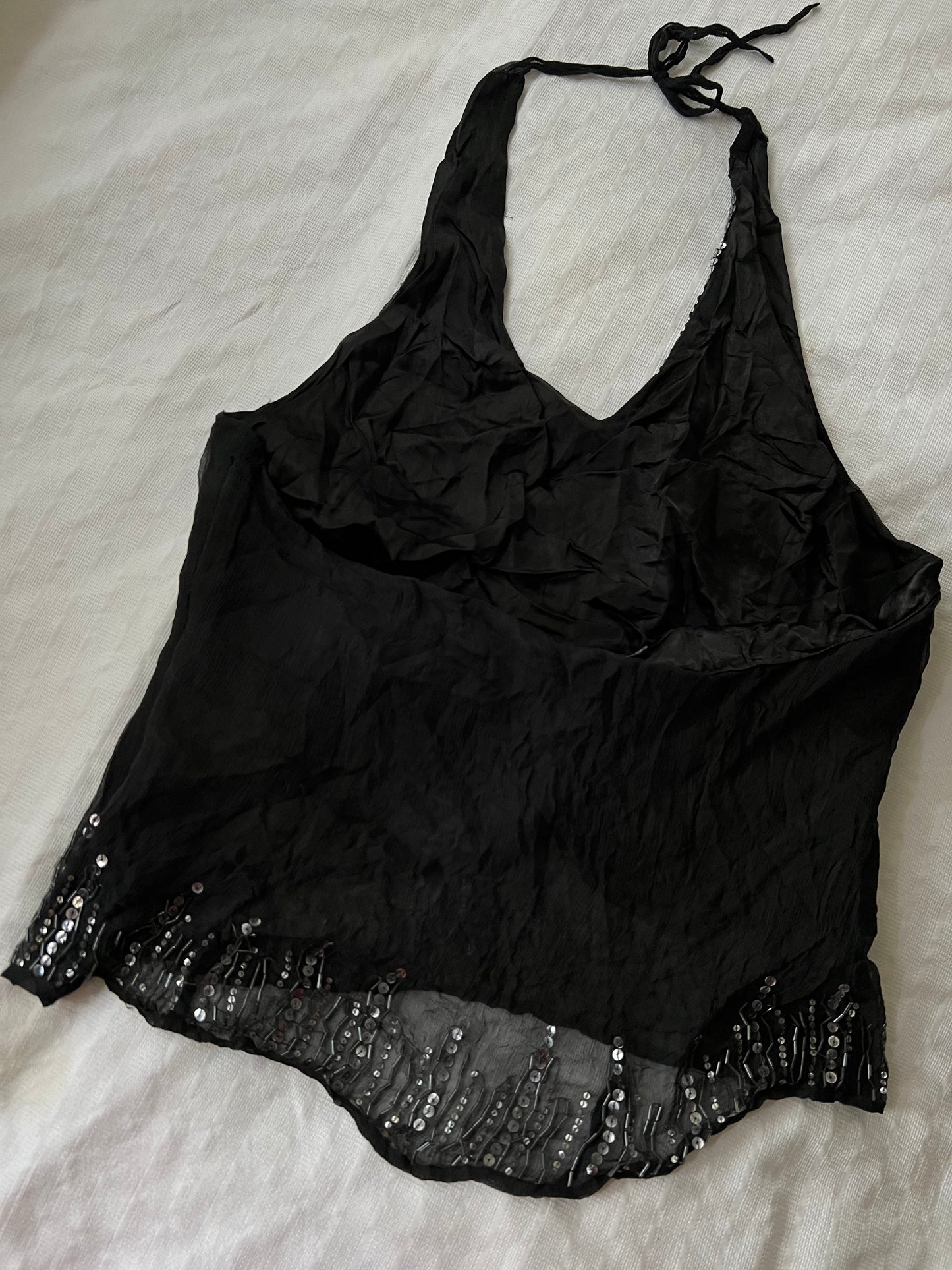 90s black mesh sequin halter neck top - Size S/M