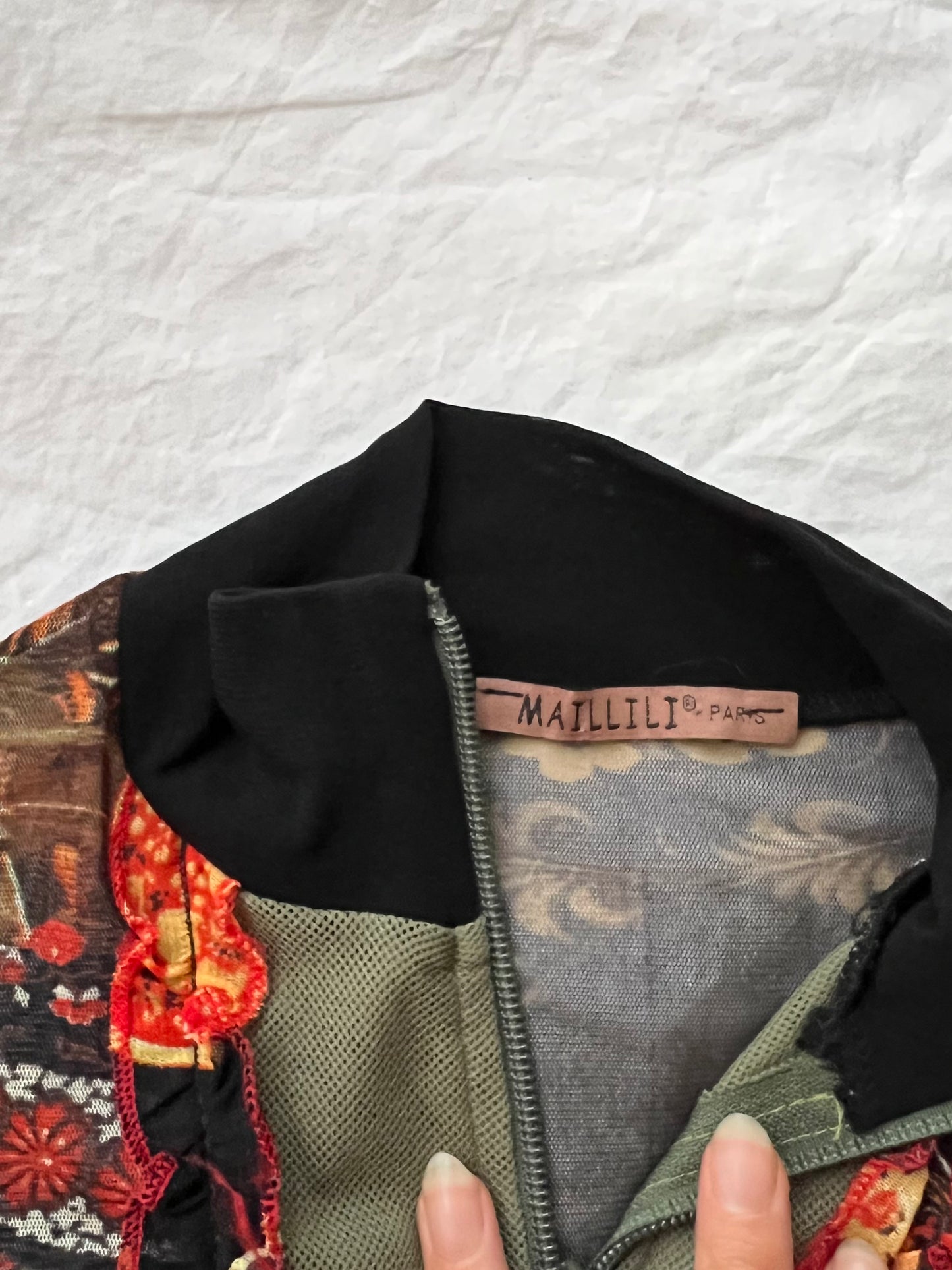 Y2K khaki mesh graphic print zip up top - Size S