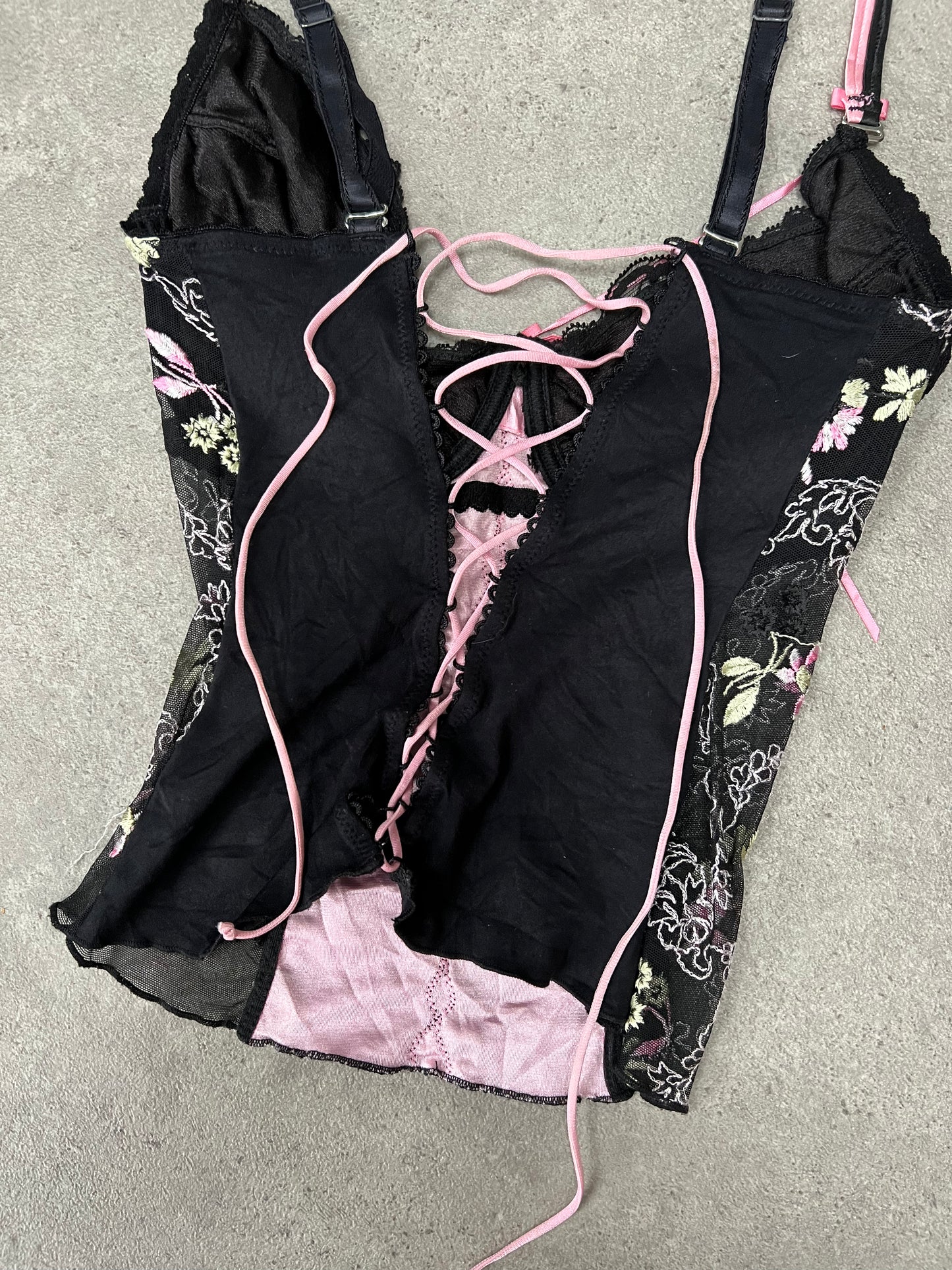 00s Lace Pink & Black Lace Up Corset - Size S