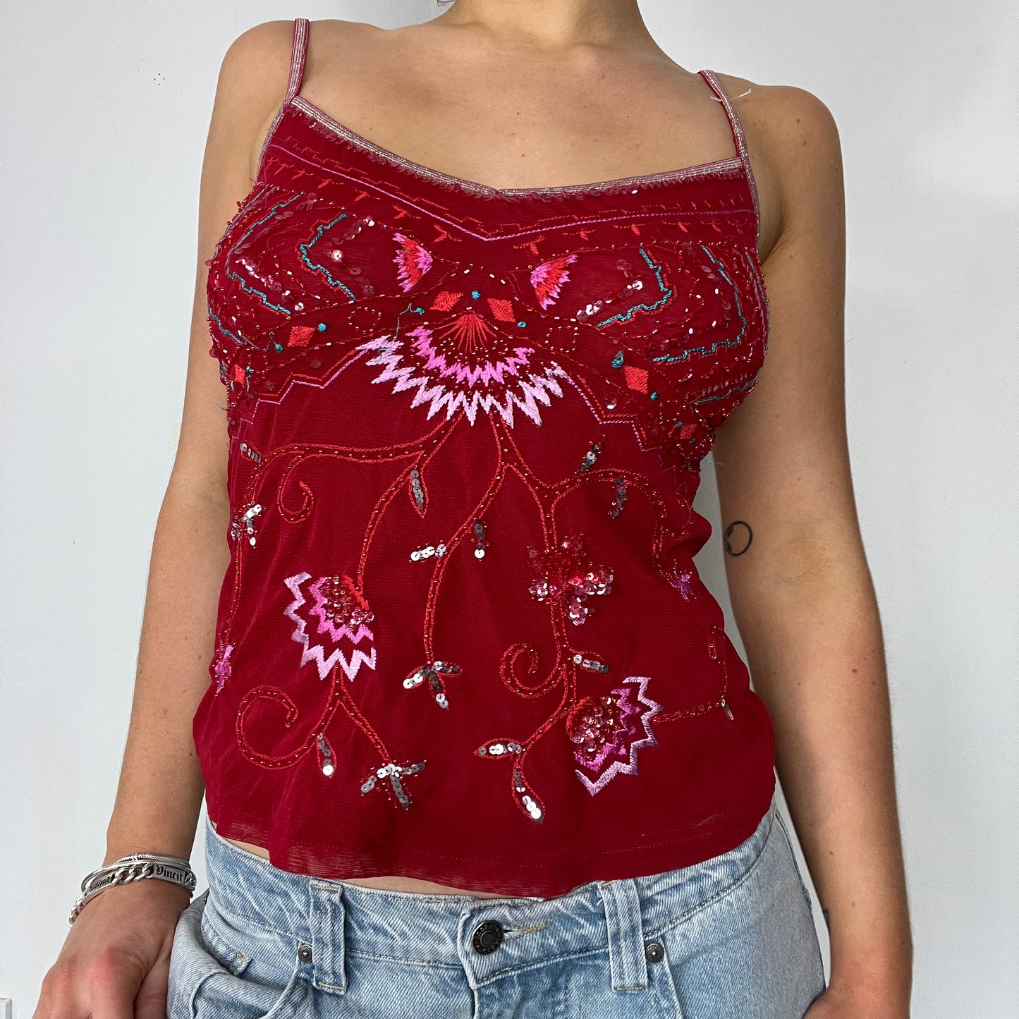 00s Y2K red sequin cami top - Size S