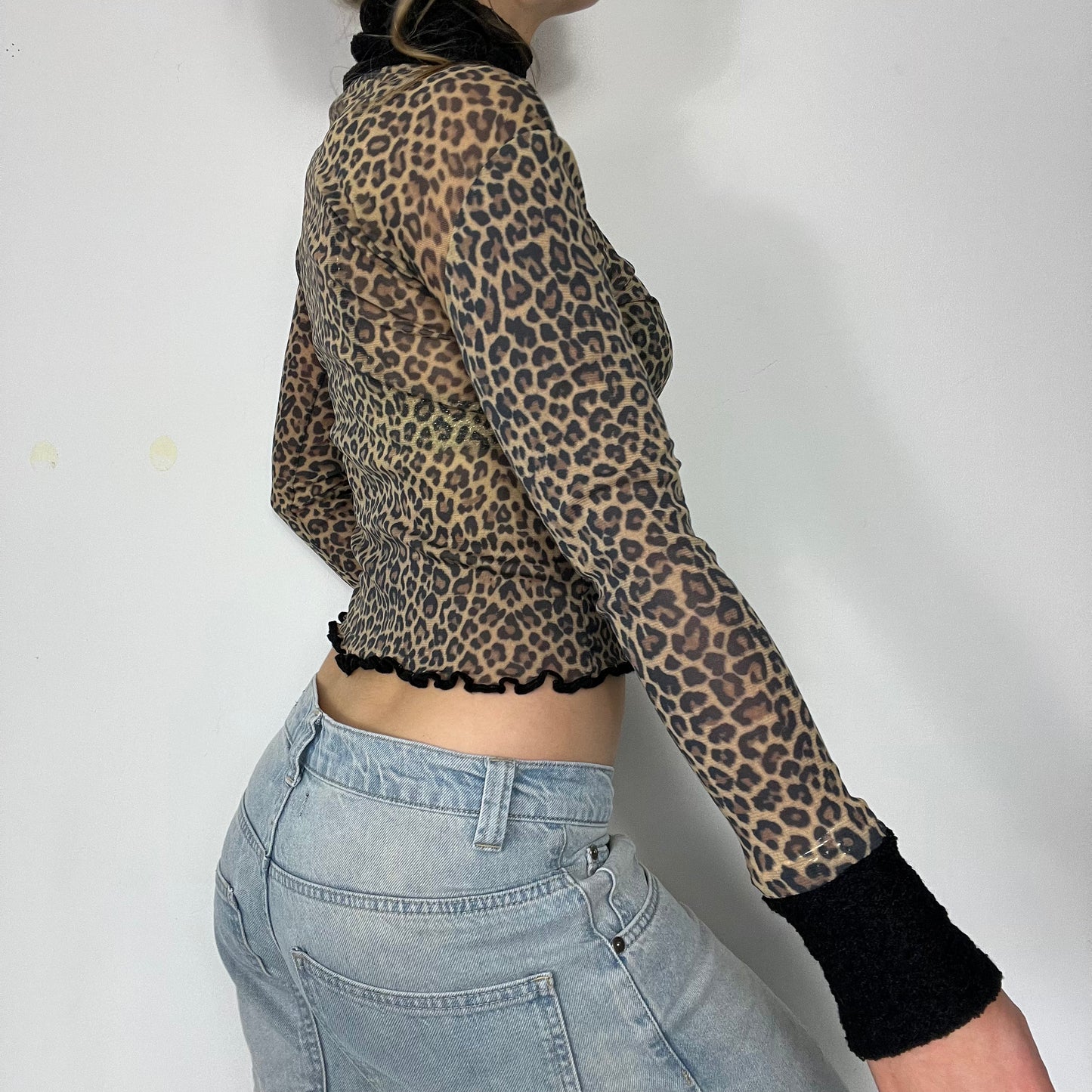 00s vintage leopard mesh knit turtle neck - Size S