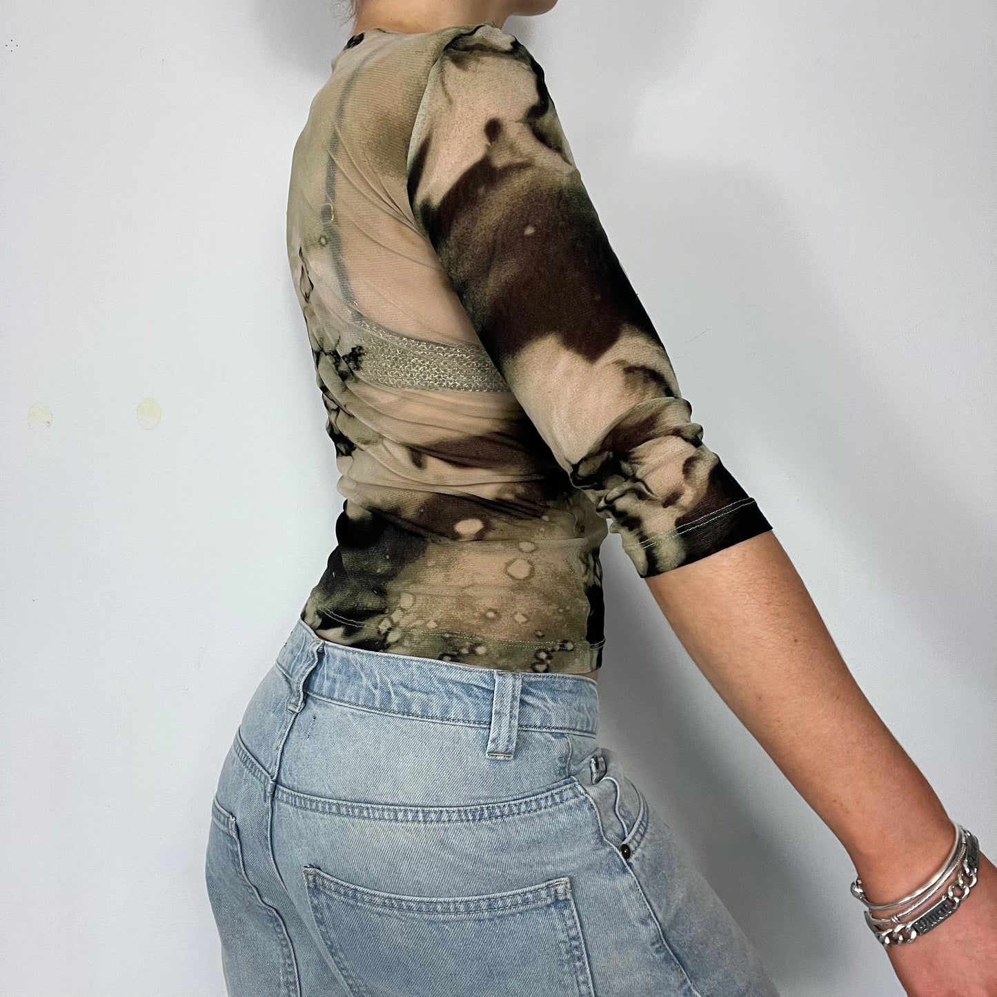 Y2K mesh graphic 3/4 sleeve wrap top - Size s