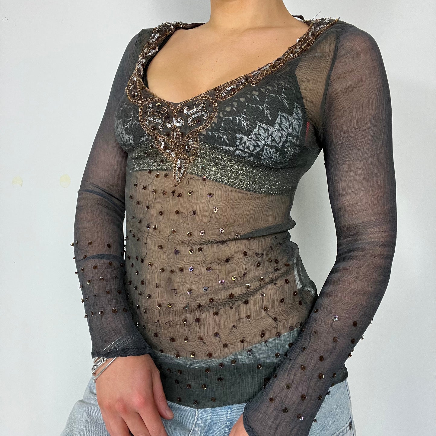 Y2K mesh sequin glitter long sleeve top - Size S