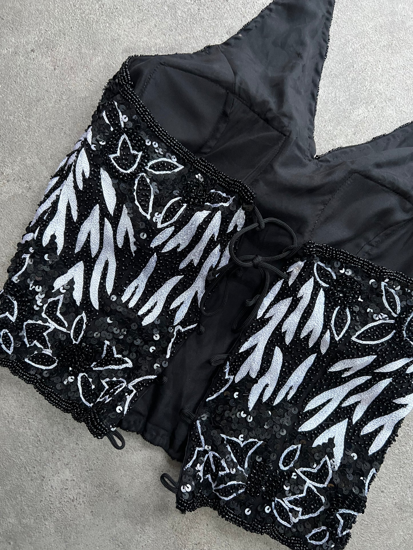 90s beaded sequin halter lace up back top - Size S/M