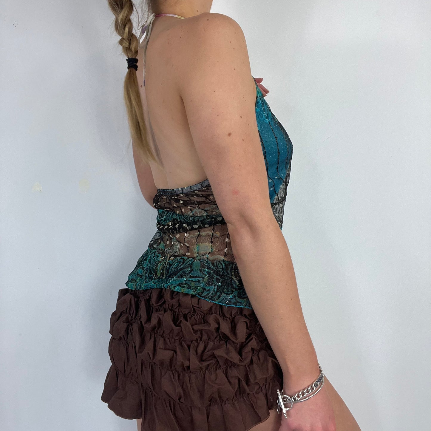 00s blue graphic mesh halter top - Size S
