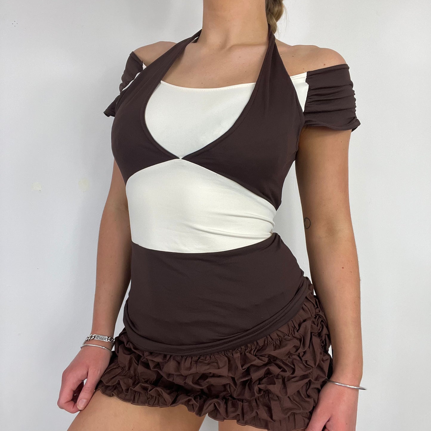 00s Cache Cache brown cream tie top - Size S