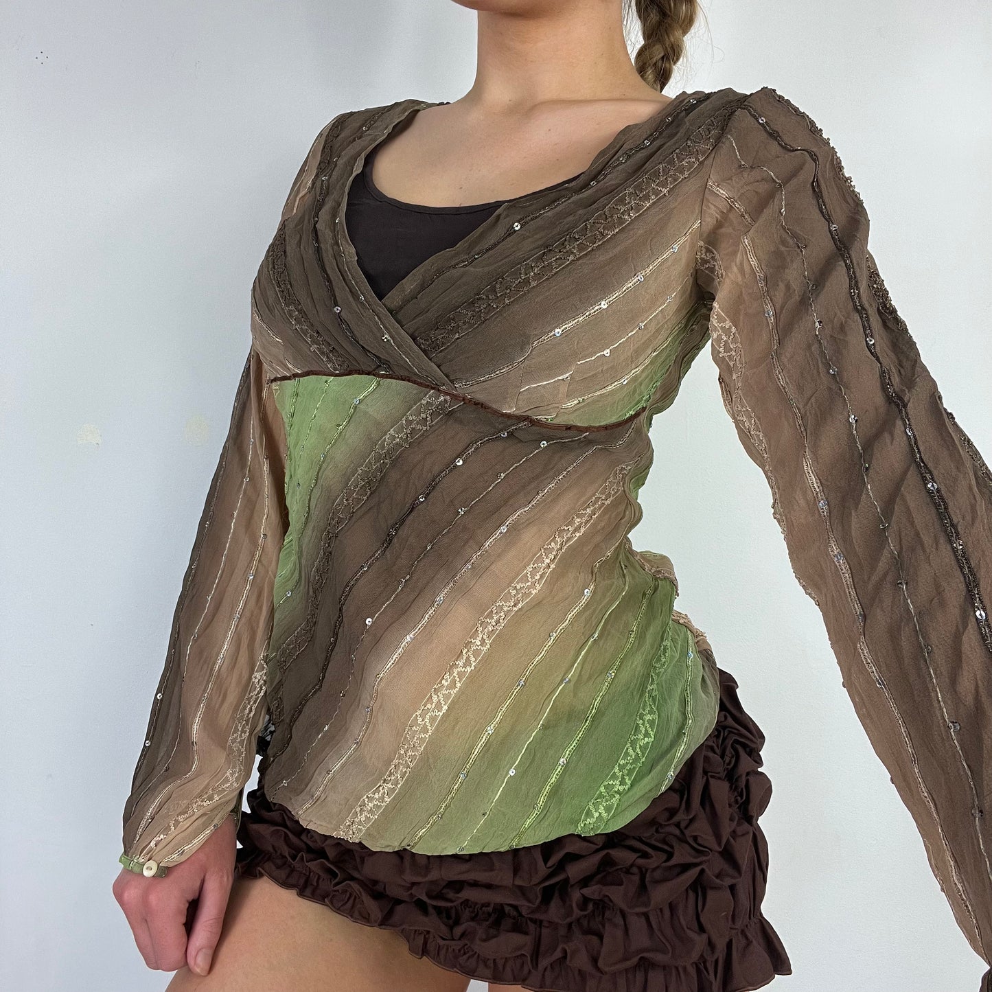 00s green brown long sleeve top - Size S