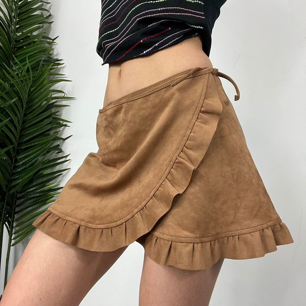 90s Suede Ruffle Hem Wrap Skirt