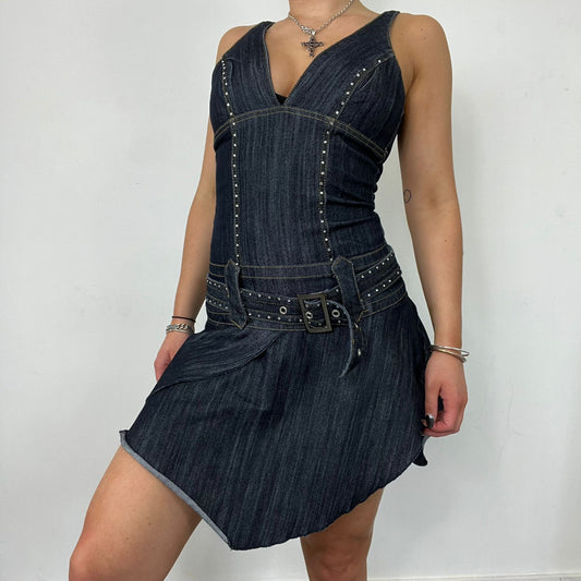 Denim V Neck Diamonte Belted Dress (XS)